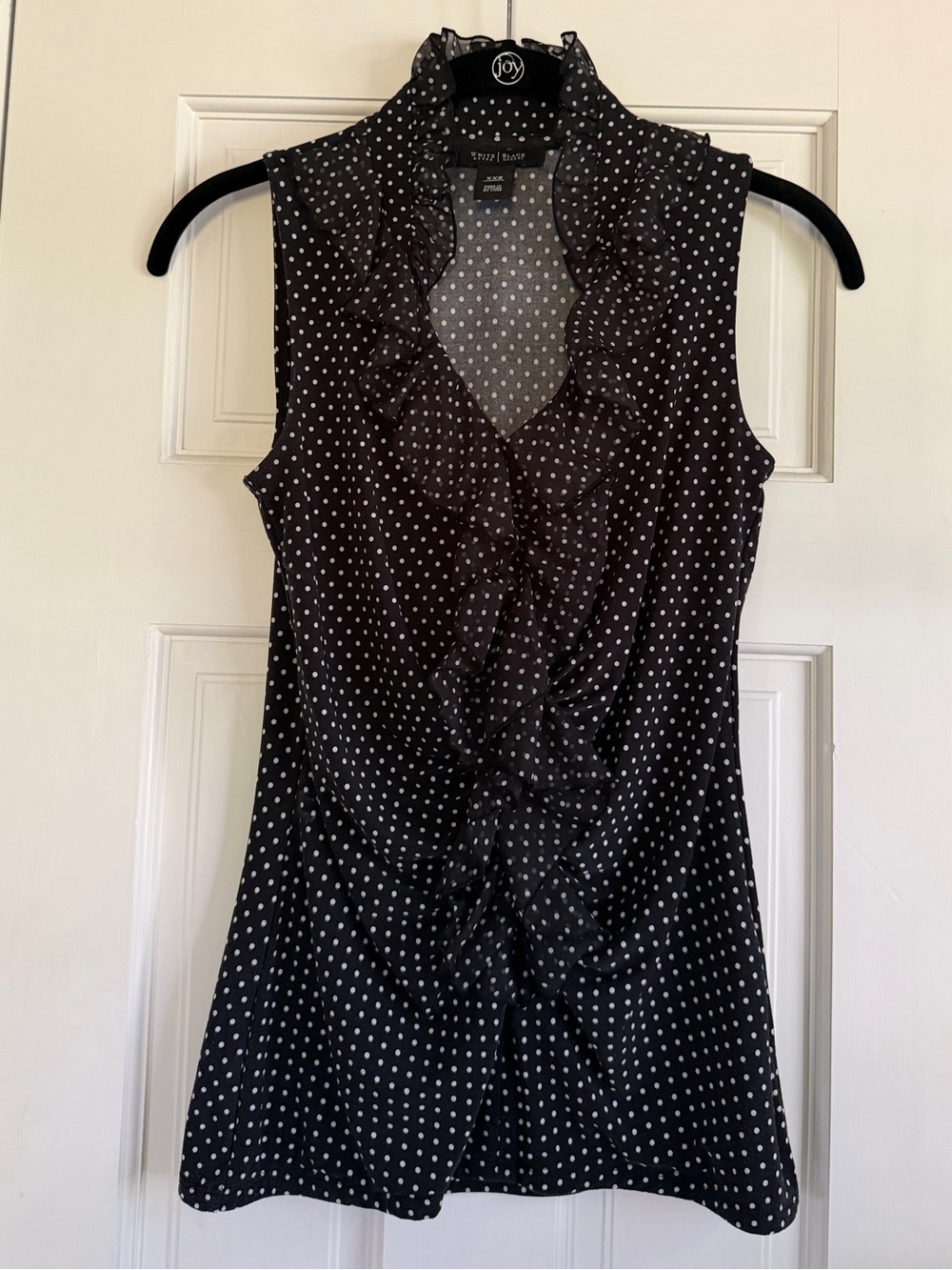 White House Black Market Black Sleeveless Polka Dot Ruffle Blouse